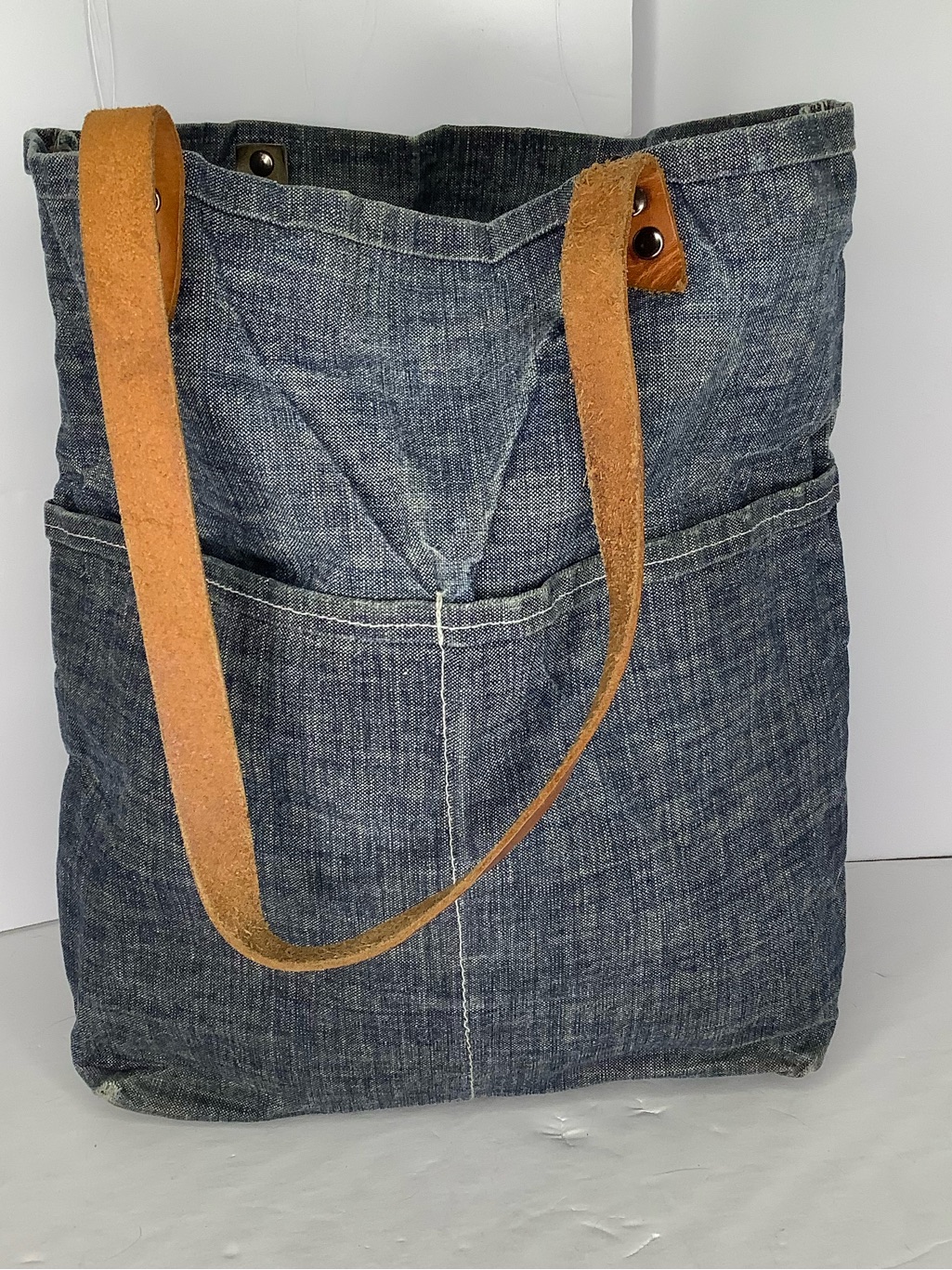 Heavy Denim Canvas Medium Handmade Blue Tote Bag Tan Leather Straps